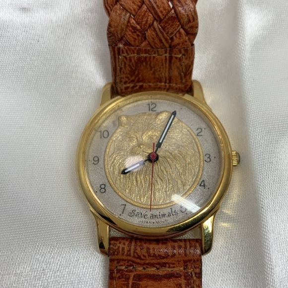 Limited Edition 1993 Save Animals Gold-Plated Cat Watch Brown Leather Strap - Picture 9 of 9